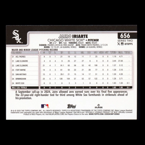 Jairo Iriarte RC 2025 Topps Rookie White Sox