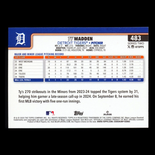Ty Madden RC 2025 Topps Rookie Tigers