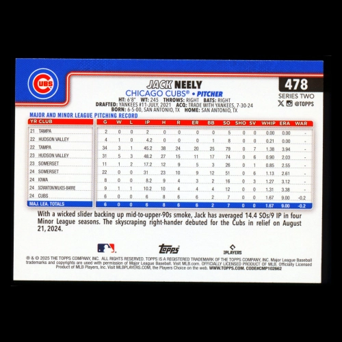 Jack Neely RC 2025 Topps Rookie Cubs