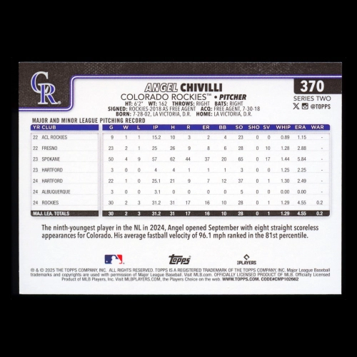 Angel Chivilli RC 2025 Topps Rookie Rockies