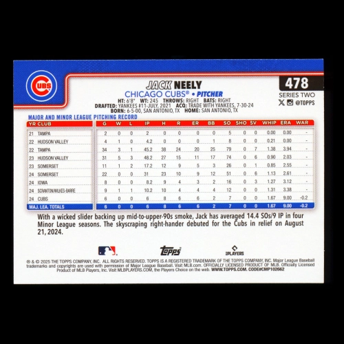 Jack Neely RC 2025 Topps Rookie Cubs