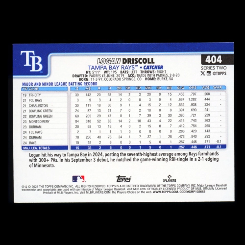Logan Driscoll RC 2025 Topps Rookie Rays