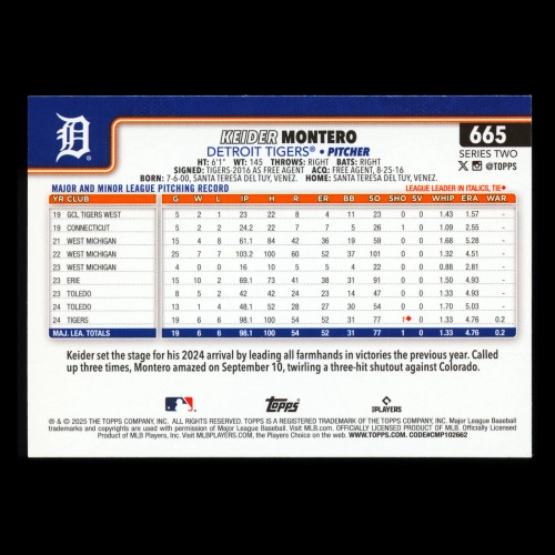 Keider Montero RC 2025 Topps Rookie Tigers