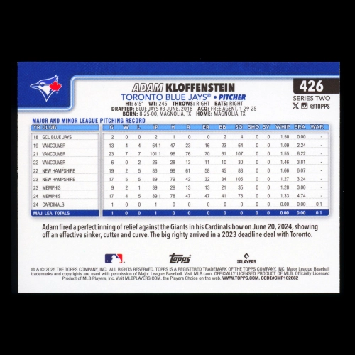 Adam Kloffenstein RC 2025 Topps Rookie Blue Jays
