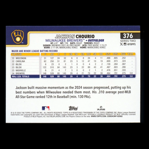 Jackson Chourio 2025 Topps All-Star Rookie Brewers