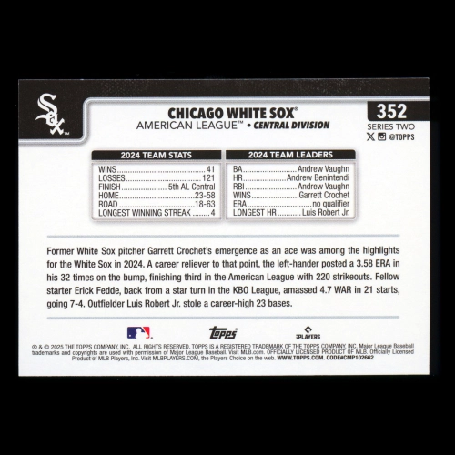 Chicago White Sox 2025 Topps Team Card White Sox