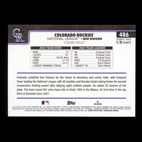 Colorado Rockies 2025 Topps Team Card Rockies