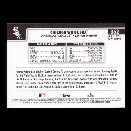 Chicago White Sox 2025 Topps Team Card White Sox