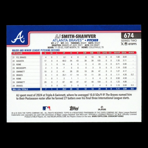 AJ Smith-Shawver 2025 Topps Future Stars Braves