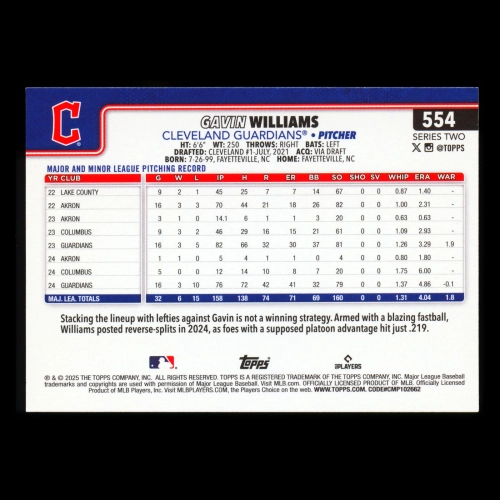 Gavin Williams 2025 Topps Future Stars Guardians