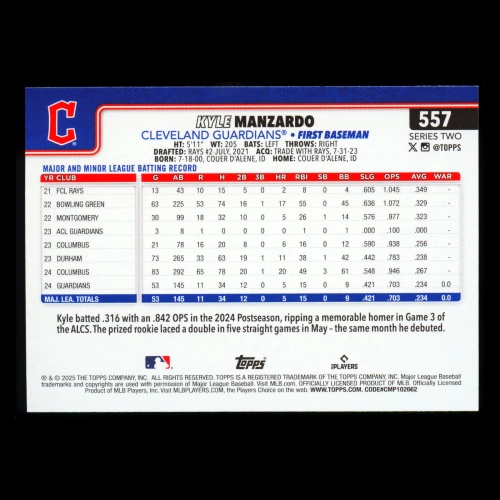 Kyle Manzardo 2025 Topps Future Stars Guardians