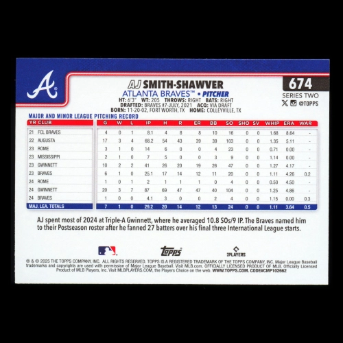 AJ Smith-Shawver 2025 Topps Future Stars Braves