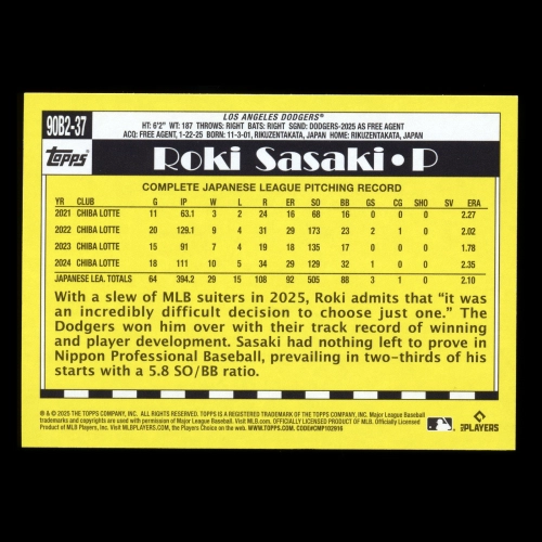 Roki Sasaki RC 2025 Topps '90 Topps Series 2 Retro Rookie Diamondbacks