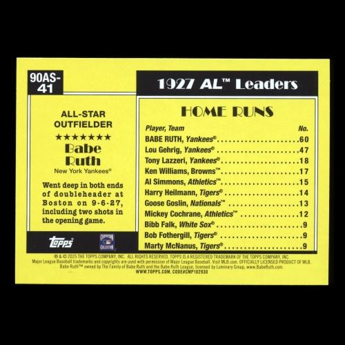 Babe Ruth 2025 Topps '90 Topps All Star Retro Yankees
