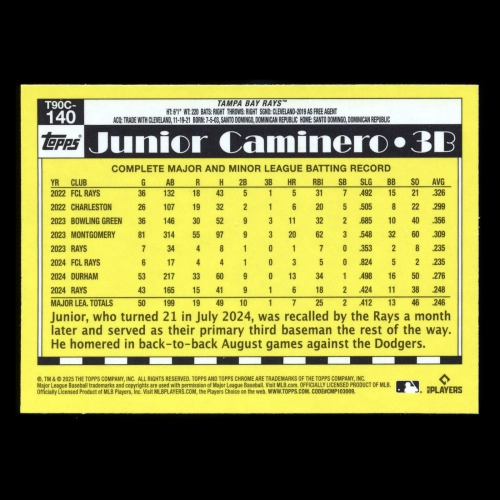 Junior Caminero 2025 Topps '90 Topps Silver Pack Chrome Retro Rays