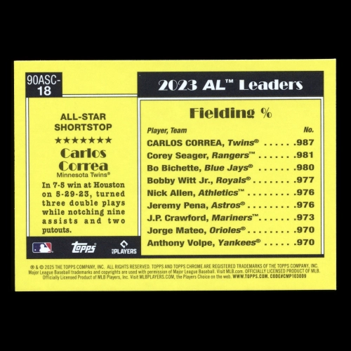 Carlos Correa 2025 Topps '90 Topps Silver Pack Chrome All-Star Twins