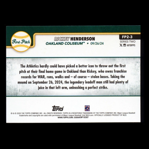 Rickey Henderson 2025 Topps '24 First Pitch Series 2 Athletics
