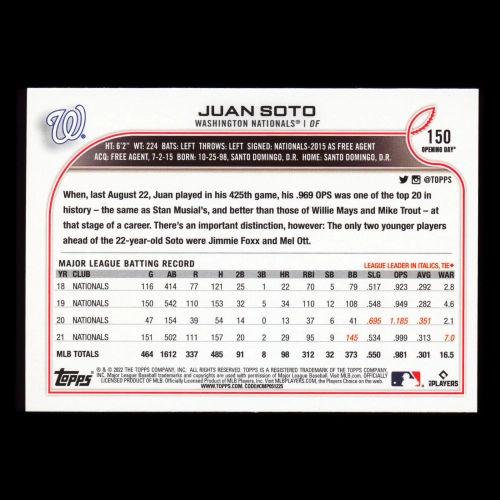 Juan Soto 2022 Topps Opening Day Nationals