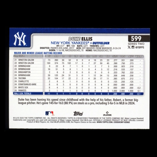Duke Ellis RC 2025 Topps Rookie Yankees
