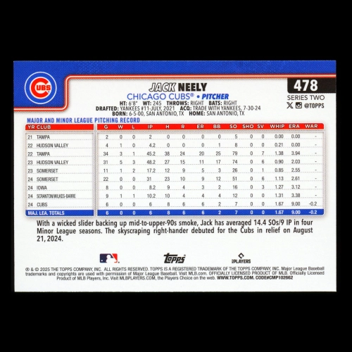 Jack Neely RC 2025 Topps Rookie Cubs