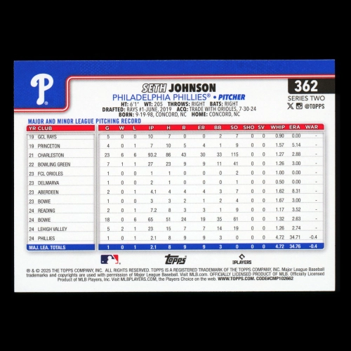 Seth Johnson RC 2025 Topps Rookie Phillies