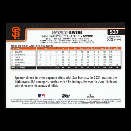 Spencer Bivens RC 2025 Topps Rookie Giants