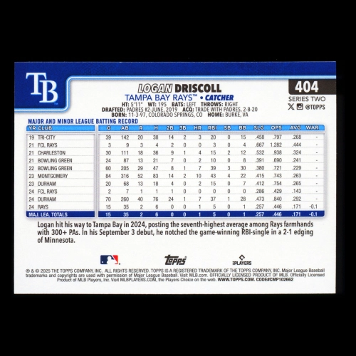 Logan Driscoll RC 2025 Topps Rookie Rays