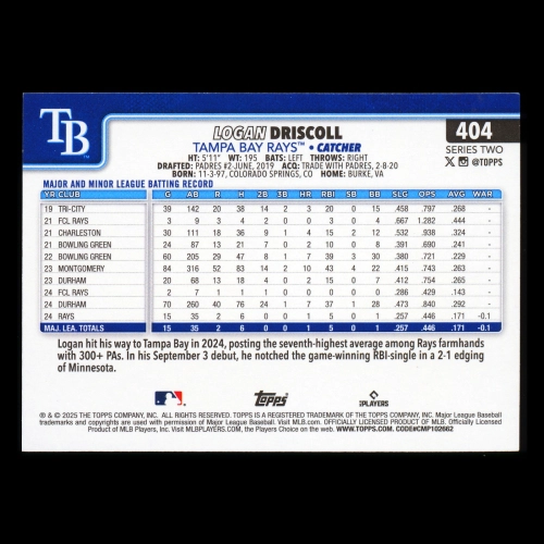 Logan Driscoll RC 2025 Topps Rookie Rays