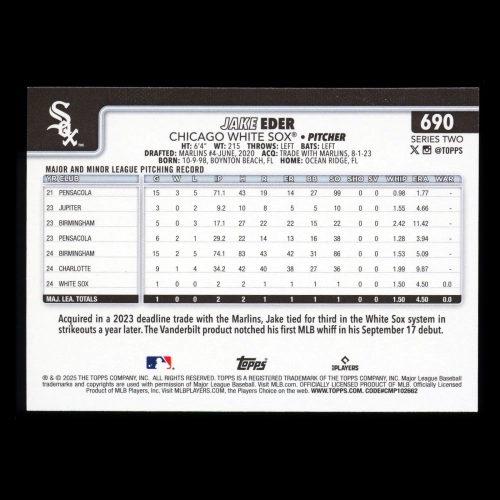 Jake Eder RC 2025 Topps Rookie White Sox