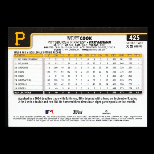 Billy Cook RC 2025 Topps Rookie Pirates