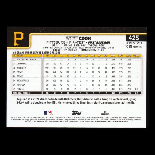Billy Cook RC 2025 Topps Rookie Pirates