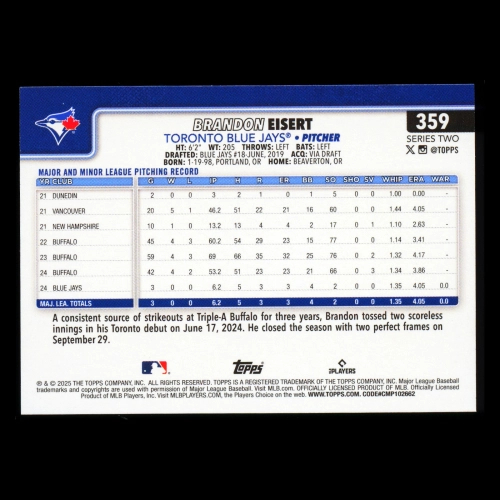 Brandon Eisert RC 2025 Topps Rookie Blue Jays