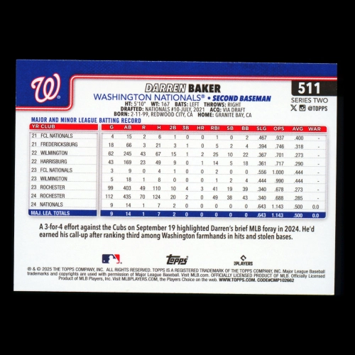 Darren Baker RC 2025 Topps Rookie Nationals
