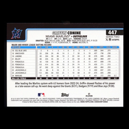 Griffin Conine RC 2025 Topps Rookie Marlins
