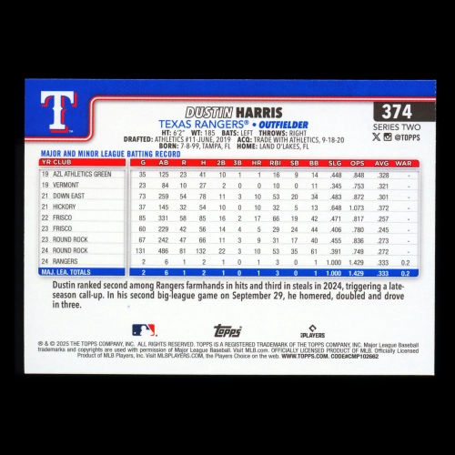 Dustin Harris RC 2025 Topps Rookie Rangers