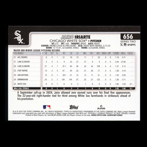 Jairo Iriarte RC 2025 Topps Rookie White Sox