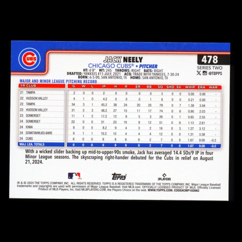 Jack Neely RC 2025 Topps Rookie Cubs