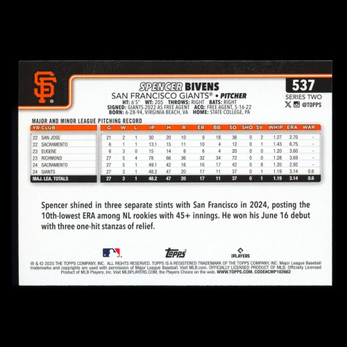 Spencer Bivens RC 2025 Topps Rookie Giants