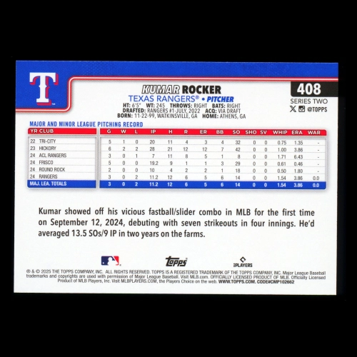 Kumar Rocker RC 2025 Topps Rookie Rangers