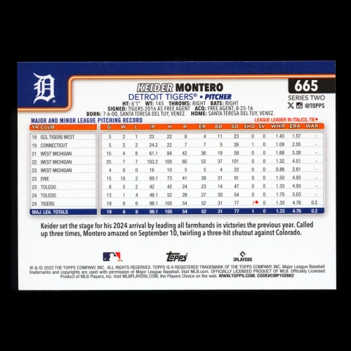 Keider Montero RC 2025 Topps Rookie Tigers