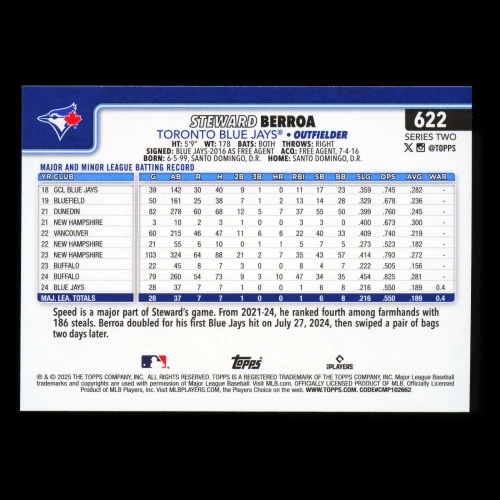 Steward Berroa RC 2025 Topps Rookie Blue Jays