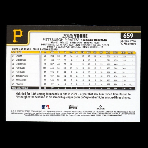 Nick Yorke RC 2025 Topps Rookie Pirates