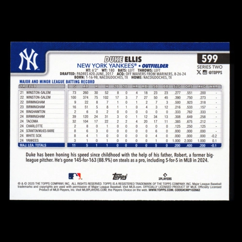 Duke Ellis RC 2025 Topps Rookie Yankees