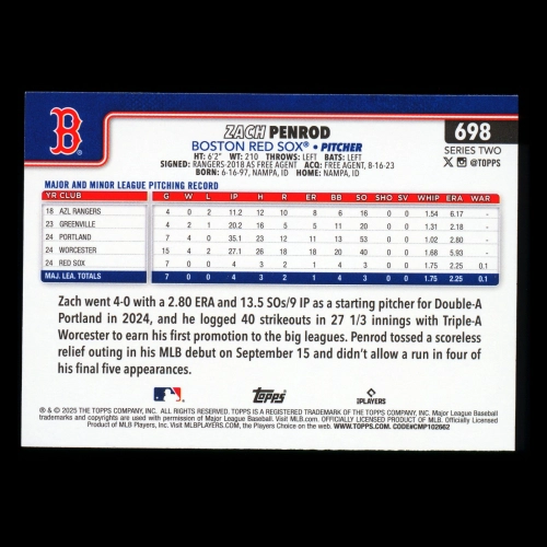 Zach Penrod RC 2025 Topps Rookie Red Sox