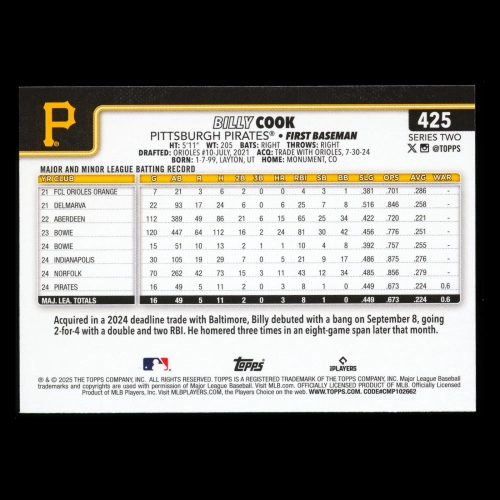 Billy Cook RC 2025 Topps Rookie Pirates