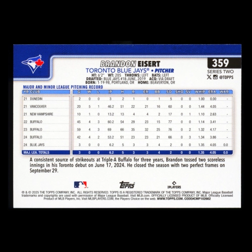 Brandon Eisert RC 2025 Topps Rookie Blue Jays