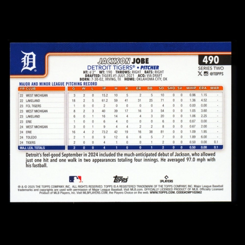 Jackson Jobe RC 2025 Topps Rookie Tigers