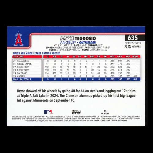 Bryce Teodosio RC 2025 Topps Rookie Angels