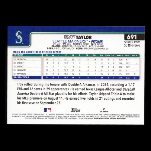 Troy Taylor RC 2025 Topps Rookie Mariners