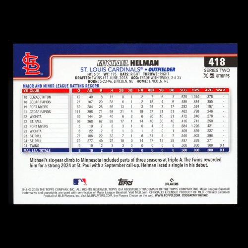 Michael Helman RC 2025 Topps Rookie Cardinals